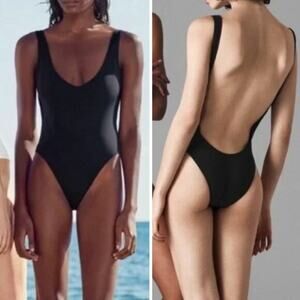 New! Allsisters isometric one piece plunge open back swimsuit black, M‎